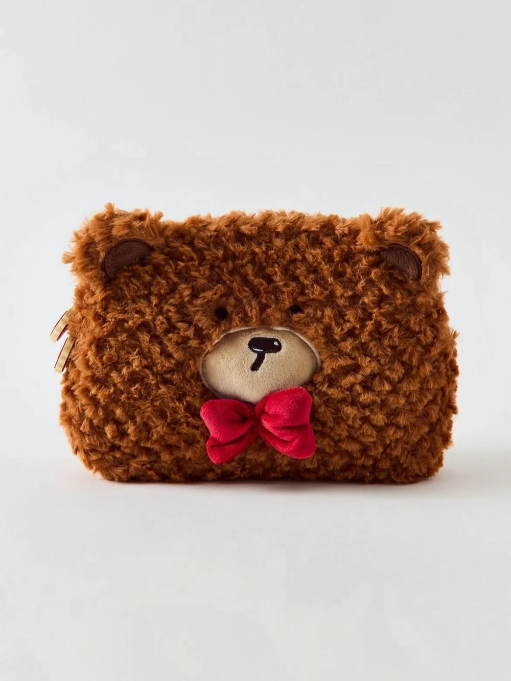 UO Fuzzy Brown Bear Micro Mini Plushie Makeup Bag With Brushes & Powder Puff